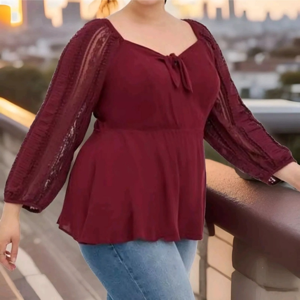 torrid Burgundy Peplum Lace-Sleeve Blouse